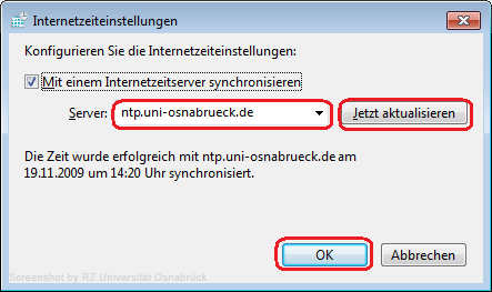 Hinweis: Alternativ können die anderen Zeit-Server des Rechenzentrums eingetragen werden.